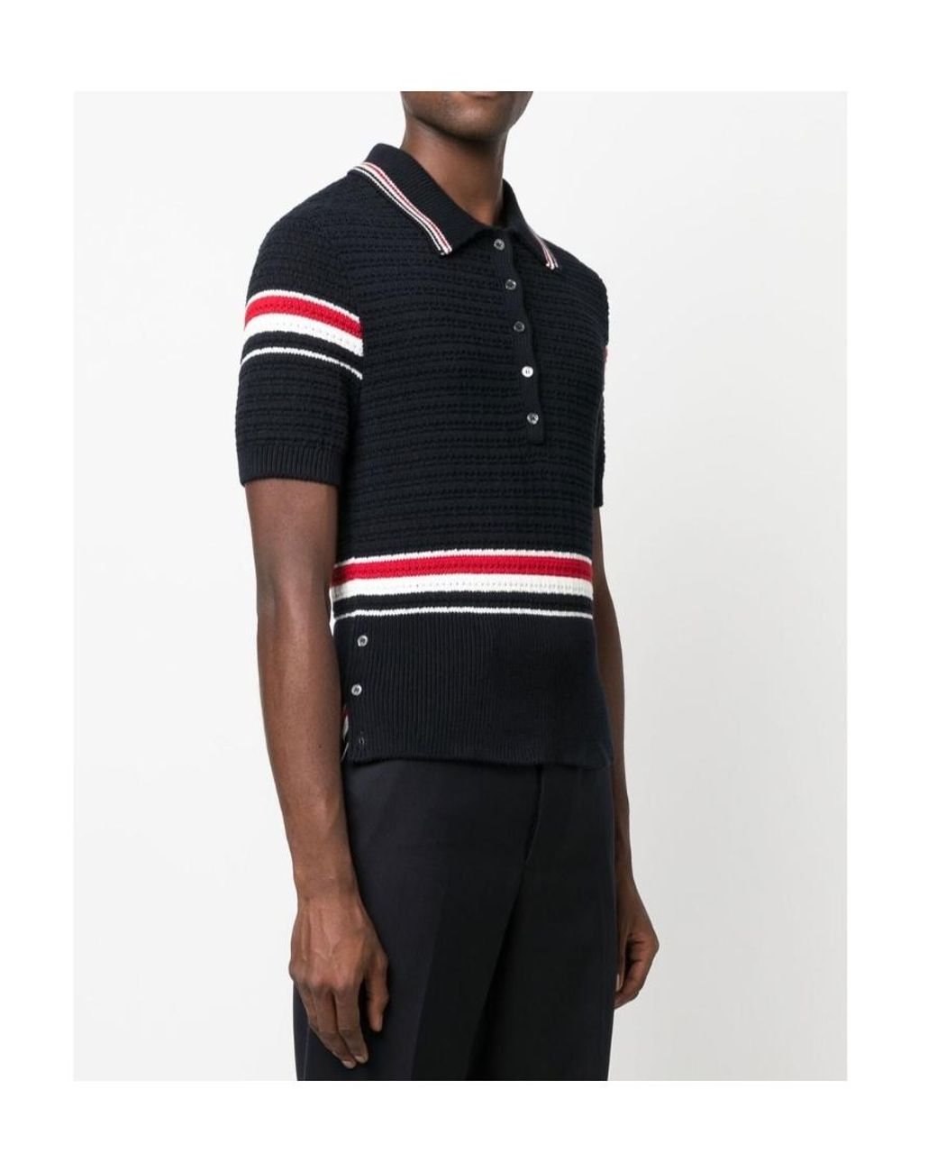 Thom Browne Black Stripe Detailed Short-Sleeved Polo Shirt for men