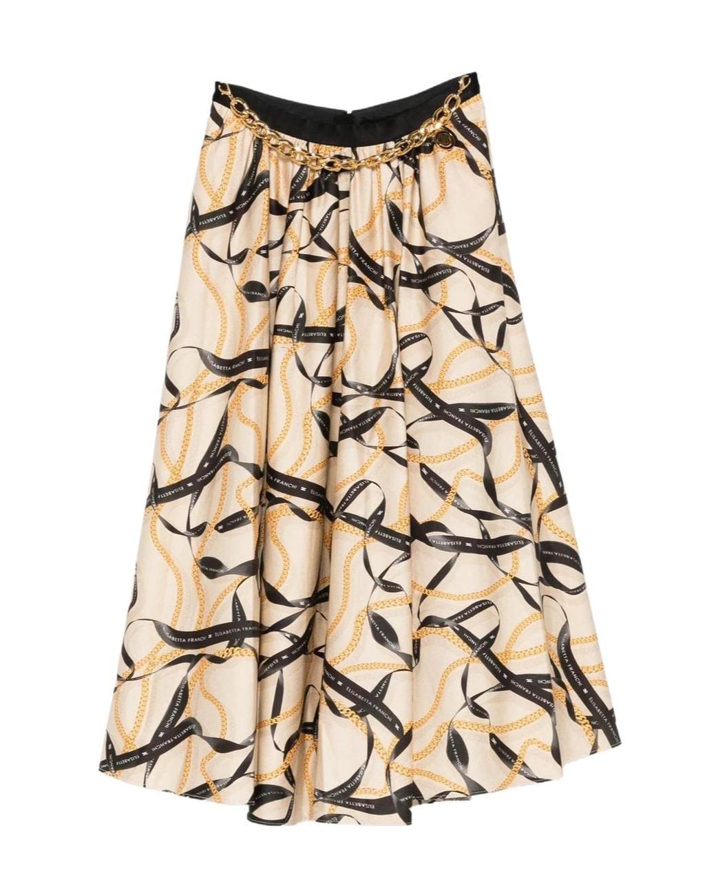 Elisabetta Franchi Natural Printed Skirt With Ribbon And Chain Detail