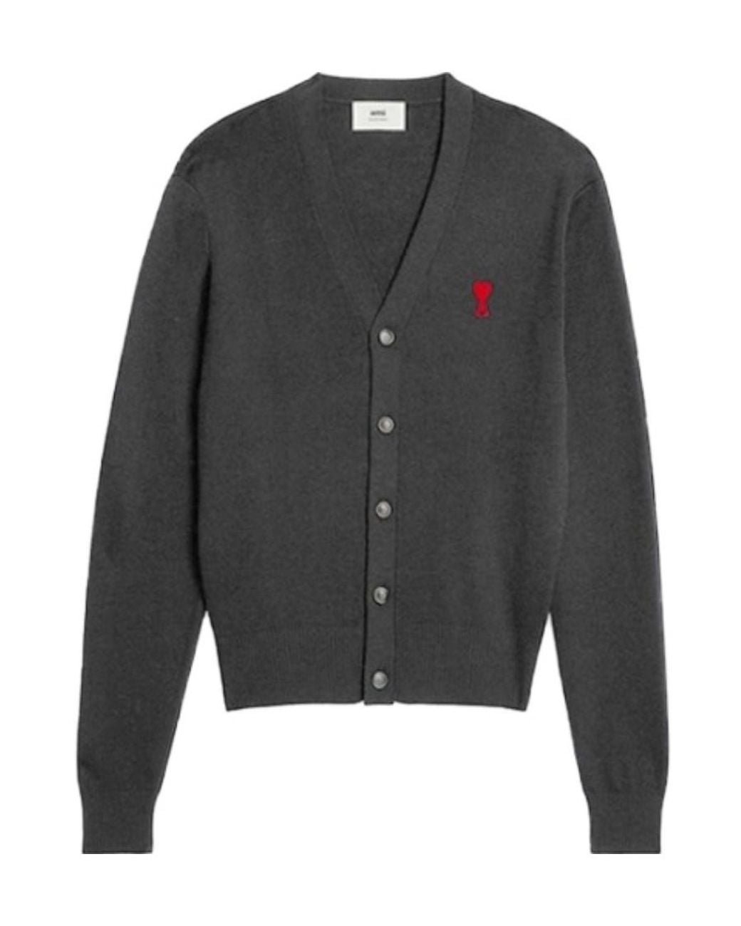 AMI Gray Logo Knit Cardigan for men
