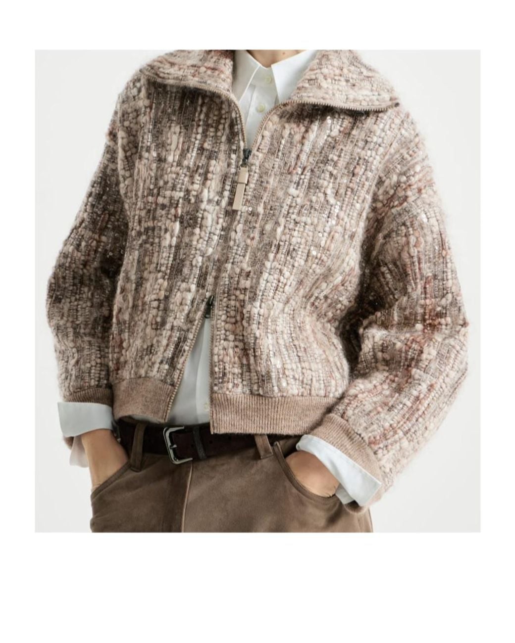Brunello Cucinelli Brown Embellished Zip-Up Jacket