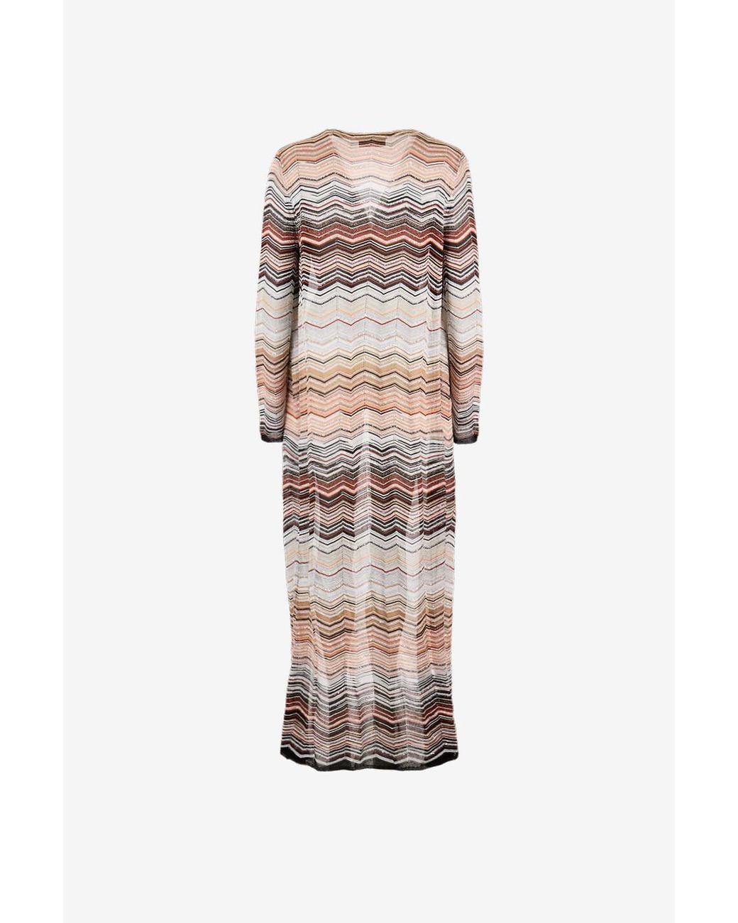 Missoni Natural Long, Lightweight Sequined Cardigan With A Herringbone Pattern