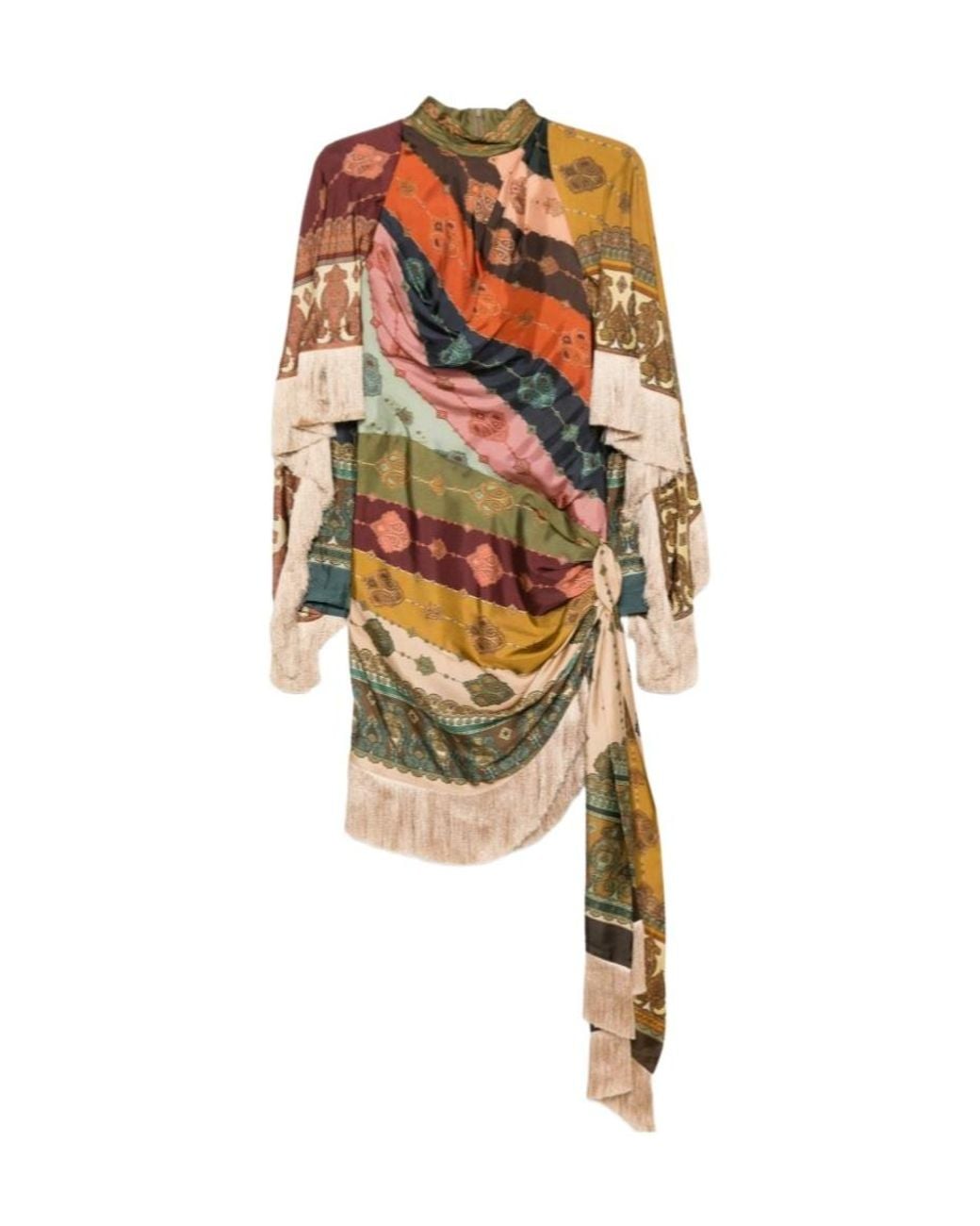 Zimmermann Metallic Scarf Print Fringed Wrap Mini Dress