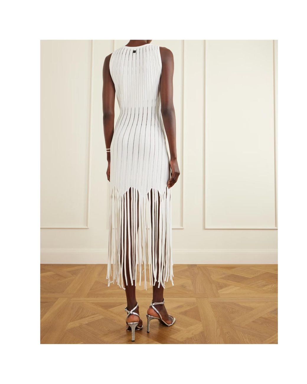 Balmain White Fringed Pointelle-Knit Midi Dress