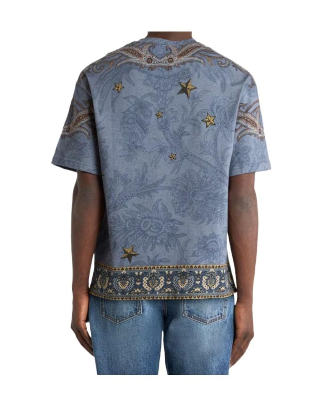 Etro Blue Cotton Jersey T-Shirt With Placed Pegaso Print for men