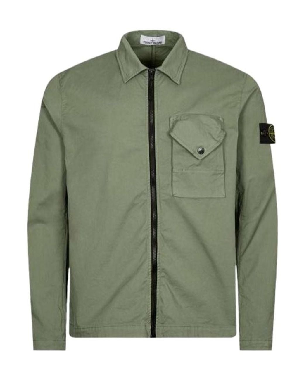 Stone Island Green Compass-Patch Zip-Up Shirt Jacket for men