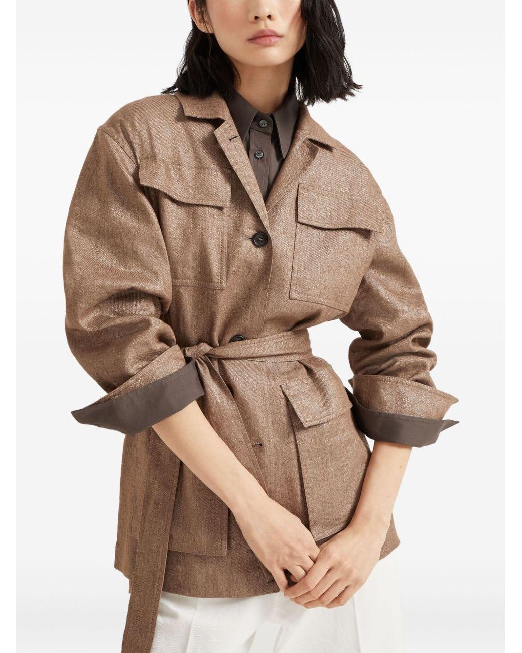Brunello Cucinelli Natural Long-Sleeved Belted Jacket