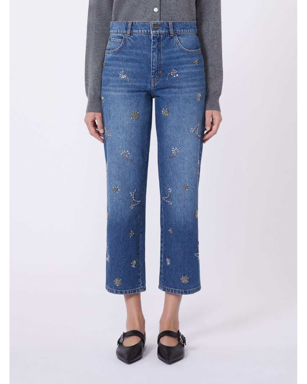 Weekend by Maxmara Blue Embellished Cotton Cropped Trousers