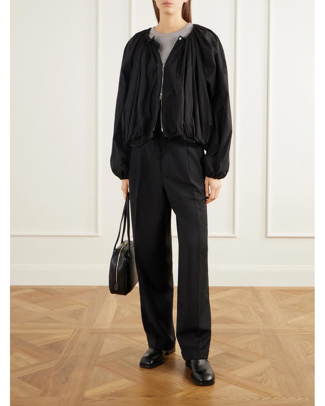 Tibi Black Mesh-Trimmed Pleated Fresco Straight-Leg Pants