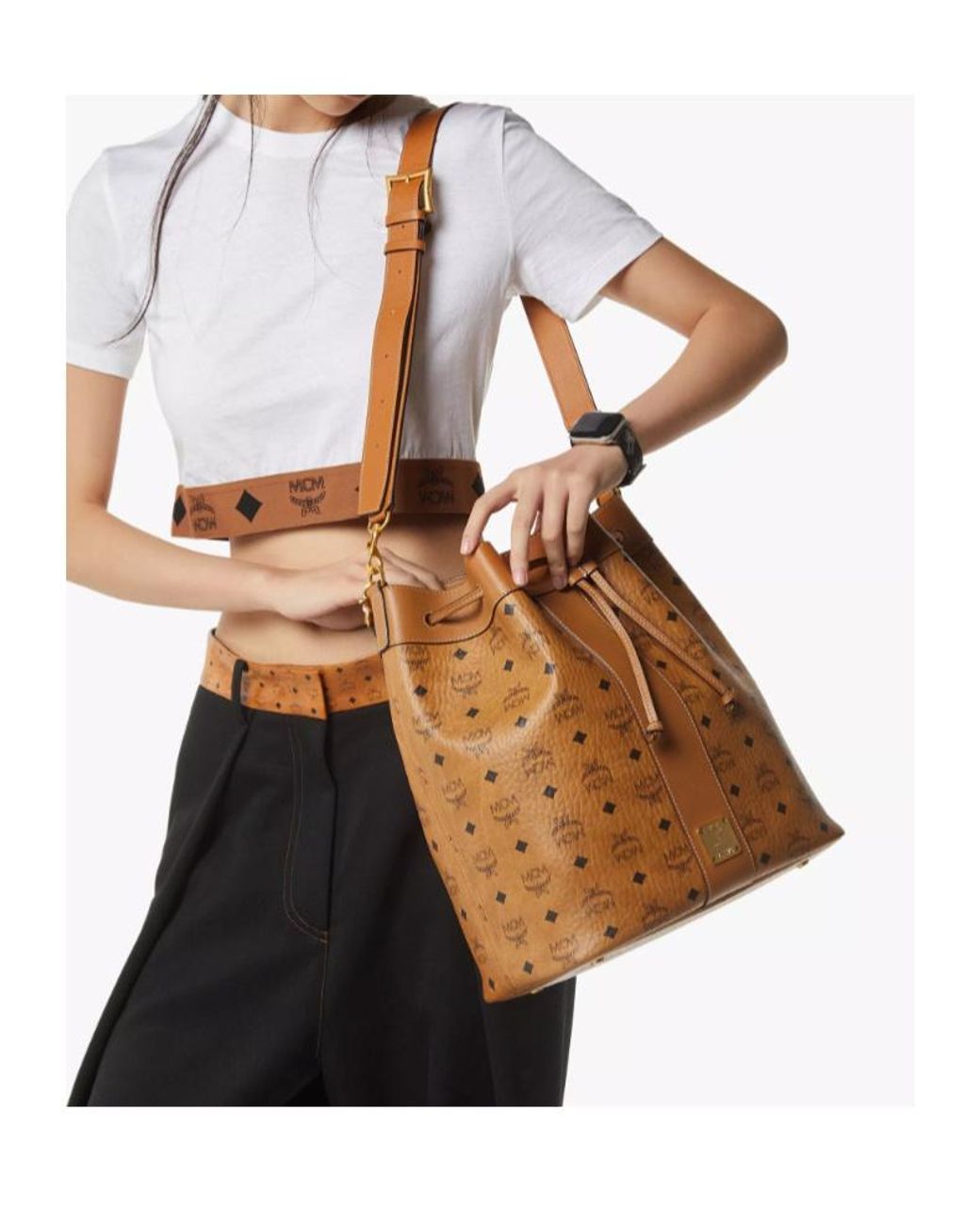 MCM Brown Monogram Drawstring Bucket Bag