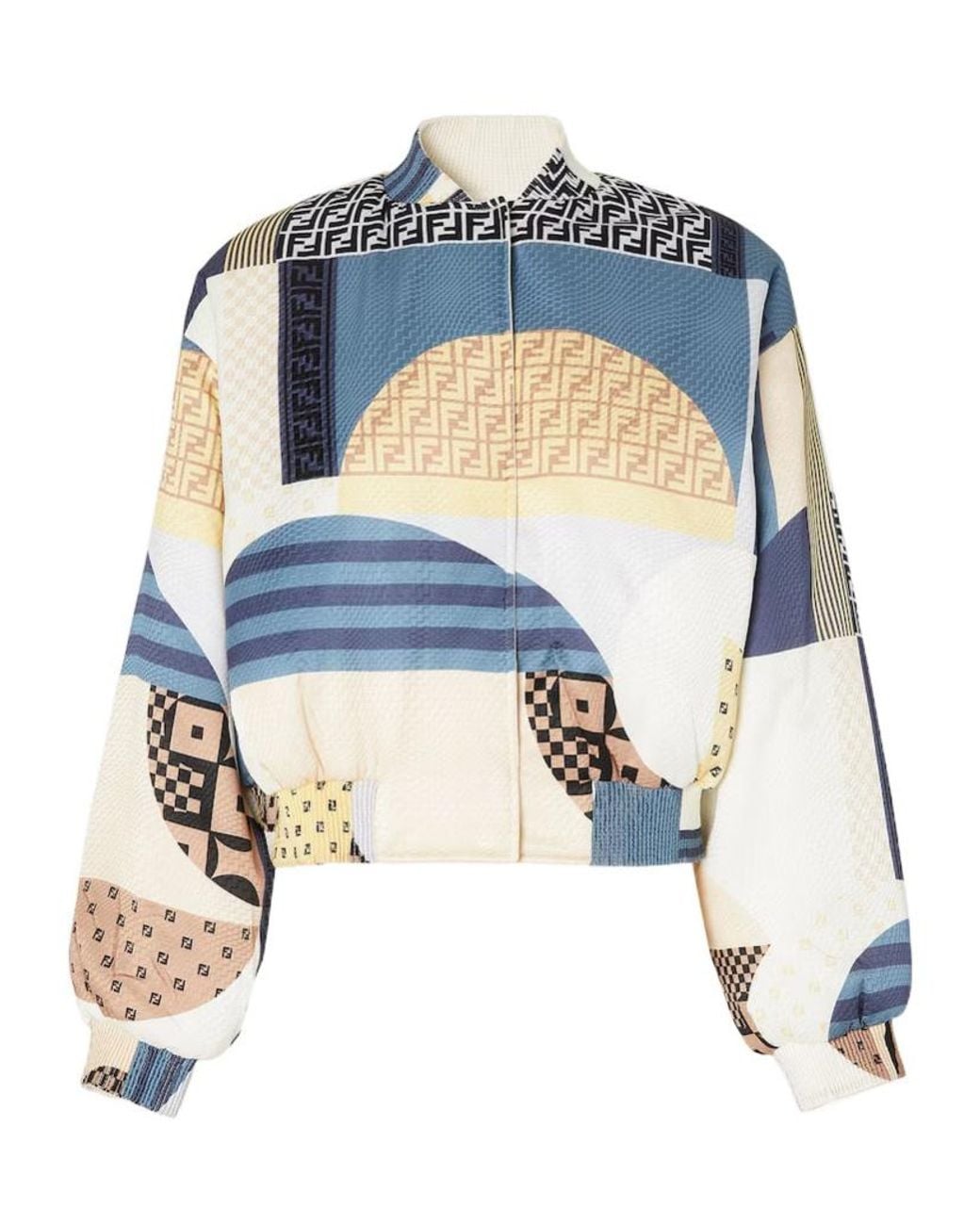 Fendi Blue Patchwork Printed Bomber Jacket