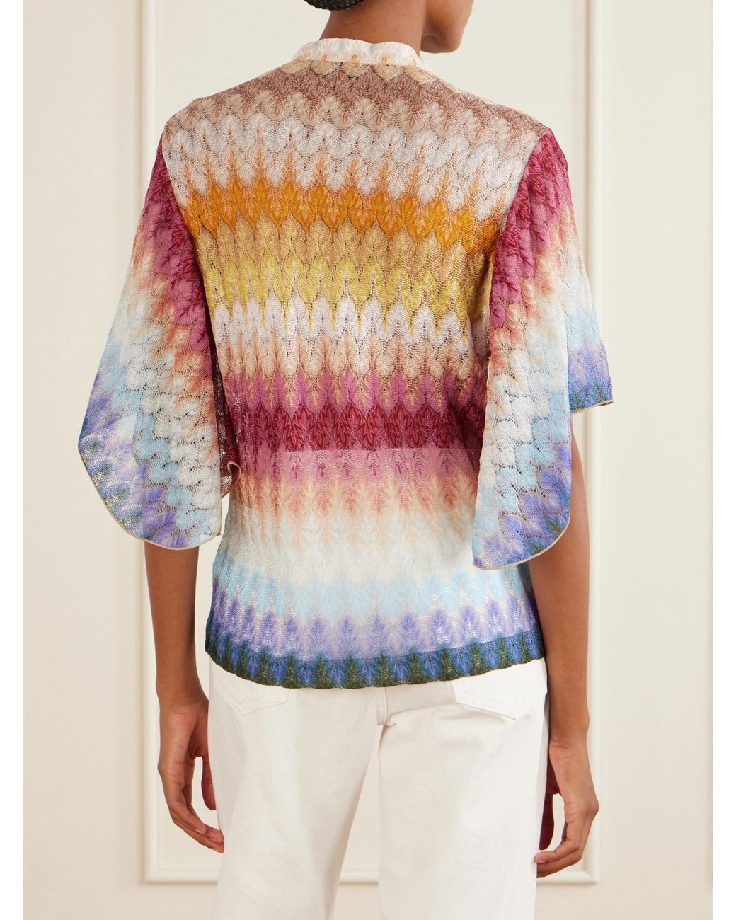 Missoni Gray Tie-Detailed Striped Crochet-Knit Blouse