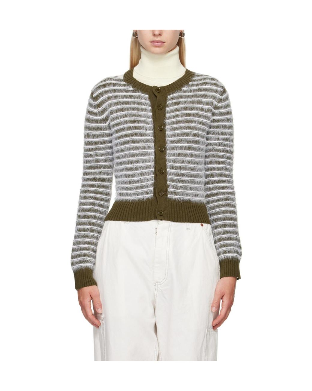 MM6 by Maison Margiela White Striped Round Neck Sweater