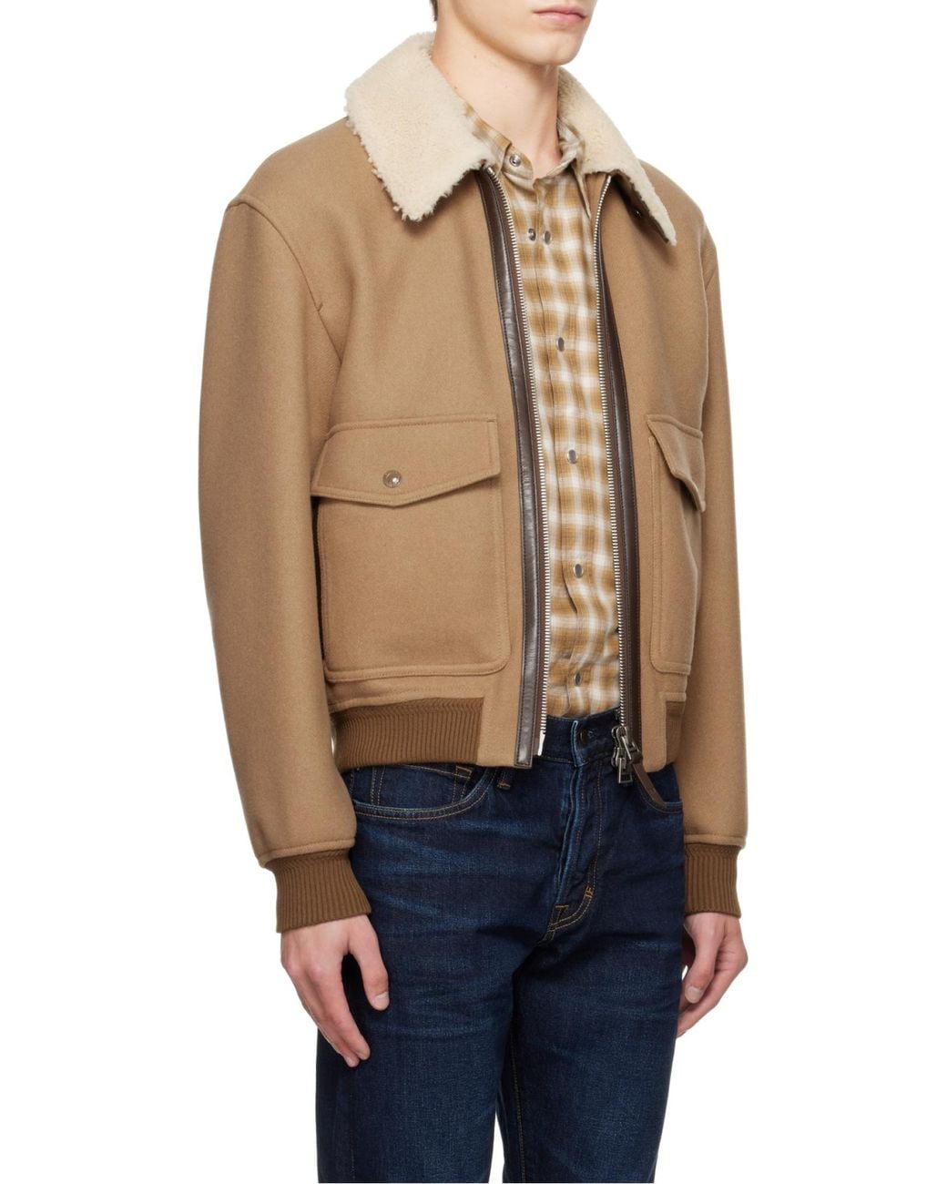 Tom Ford Blue Double Splittable Shearling Collar Bomber Jacket for men