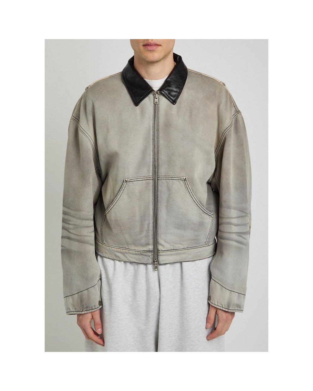 Acne Gray Distressed Leather Collar Jacket for men