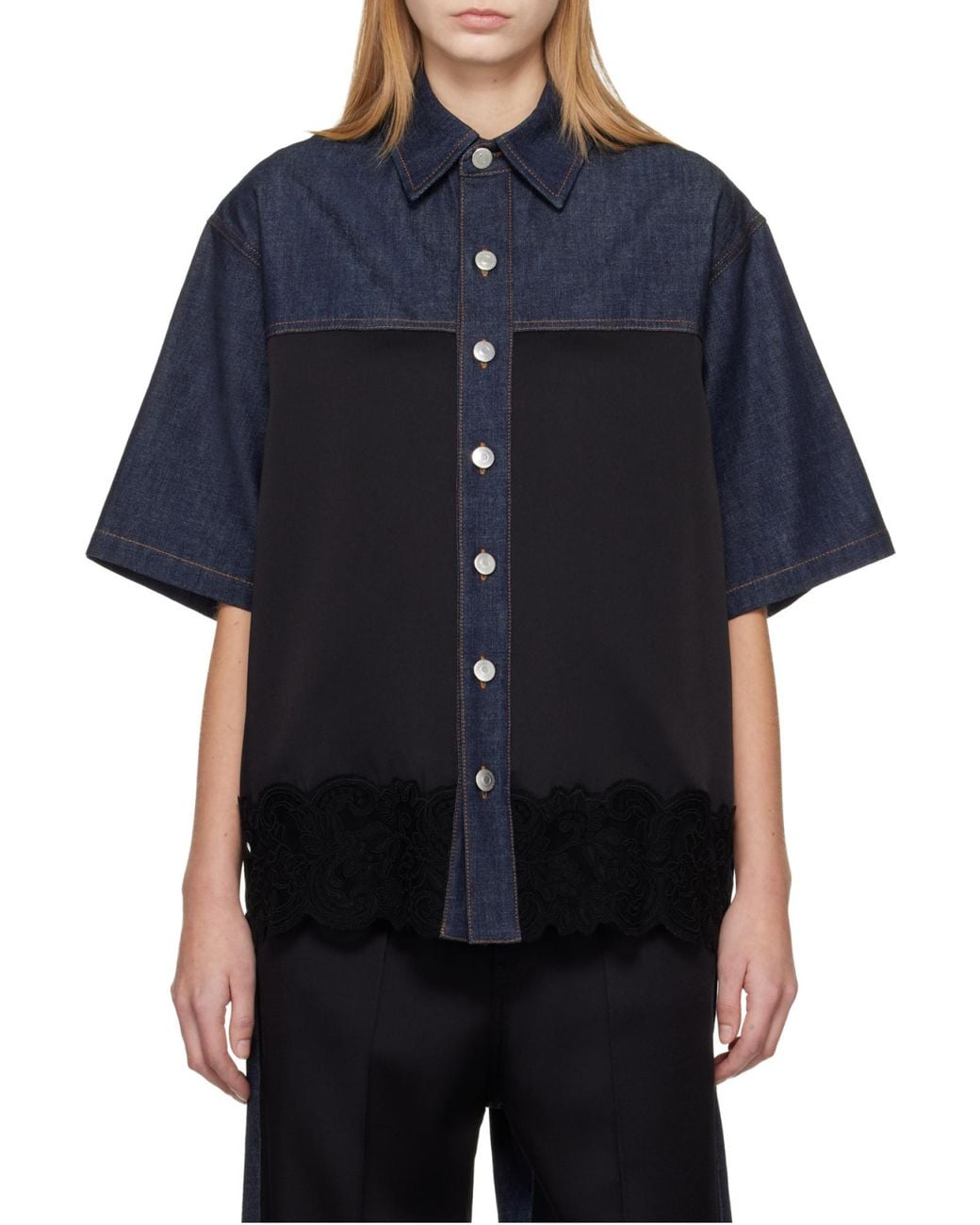 Stella McCartney Blue Lace Detailed Short-Sleeve Shirt