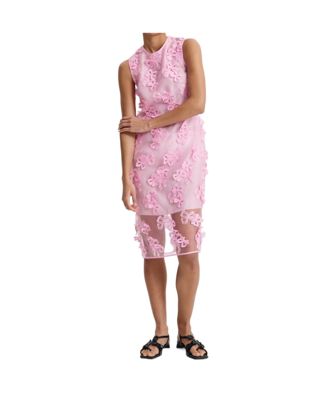 CECILIE BAHNSEN Pink Sheer Floral Sleeveless Dress