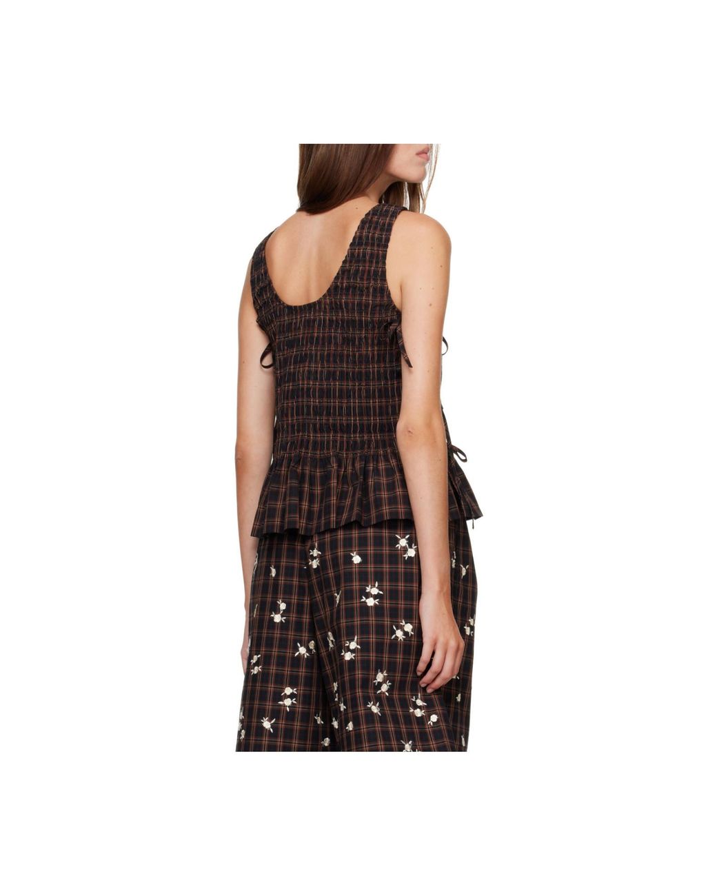 Ganni Black Smocked Check Lace-Up Top