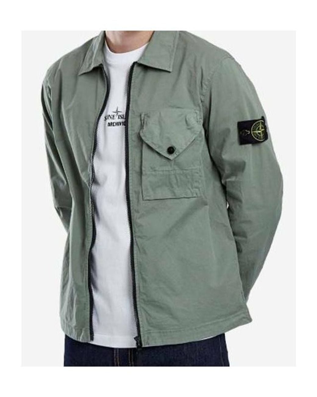 Stone Island Green Compass-Patch Zip-Up Shirt Jacket for men