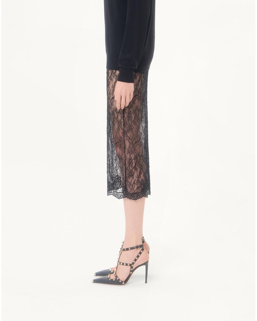 Valentino Gray Sheer Lace Midi Skirt