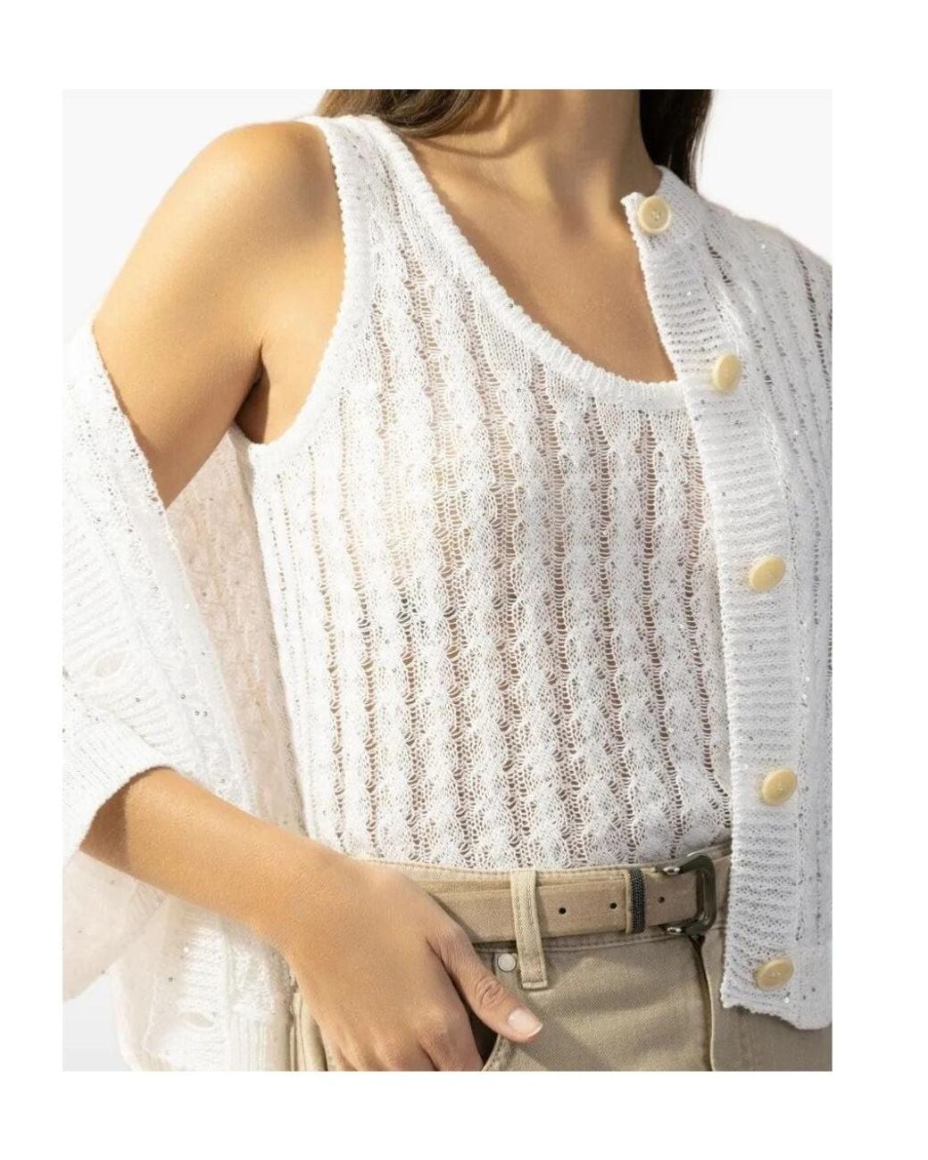 Brunello Cucinelli White Embellished Sleeveless Top