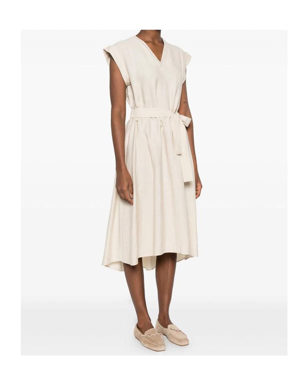 Peserico White V-Neck Belted-Waist Midi Dress