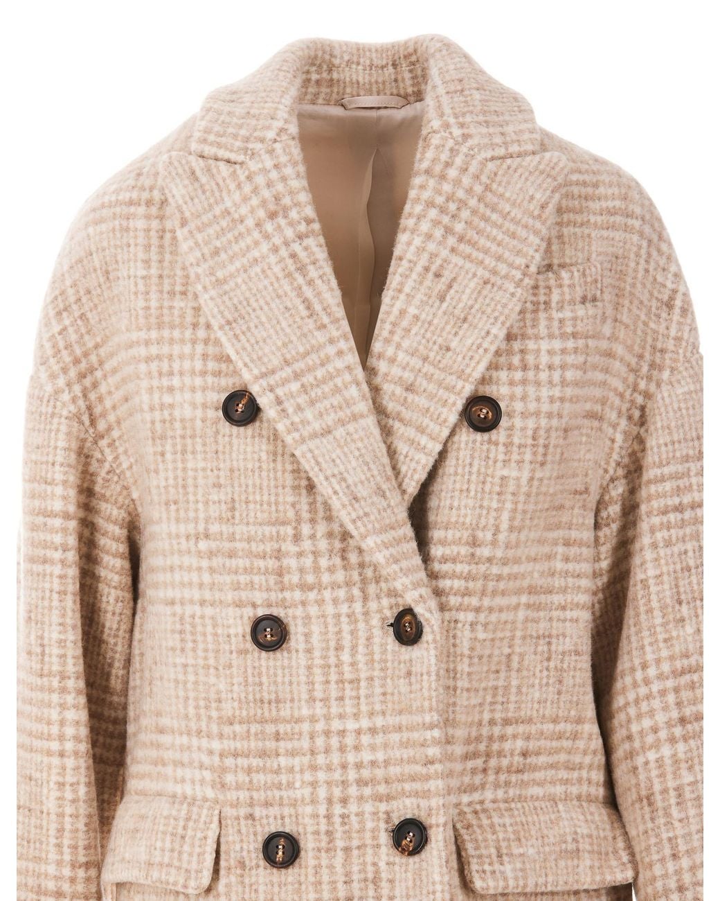 Brunello Cucinelli Natural Double-Breasted Checked Coat
