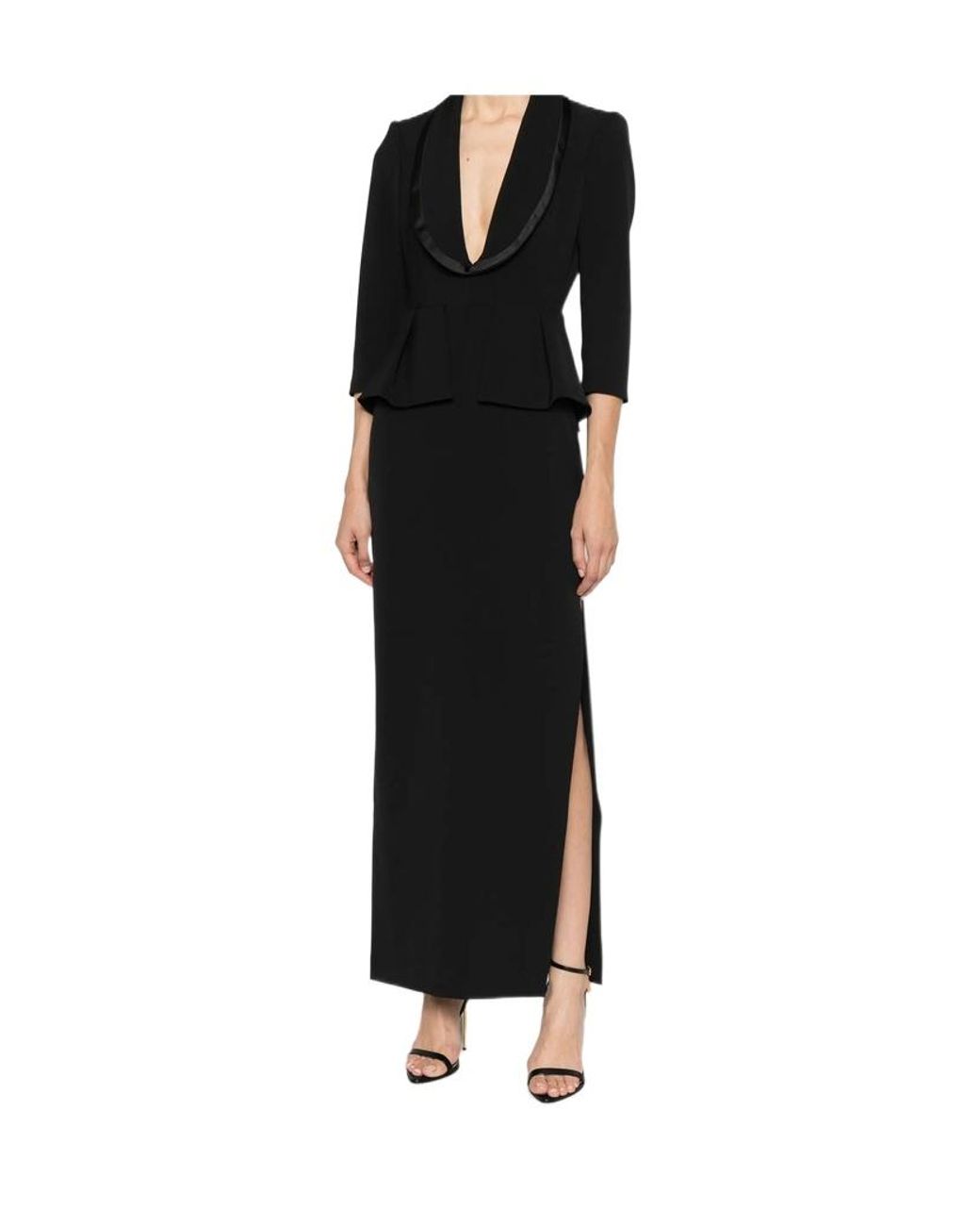 Elisabetta Franchi Black Peplum-Waist Shawl-Lapel Dress