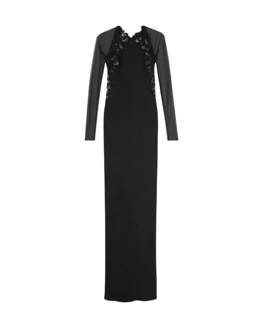 Versace Black Barocco-Lace Trim Silk Gown Dress