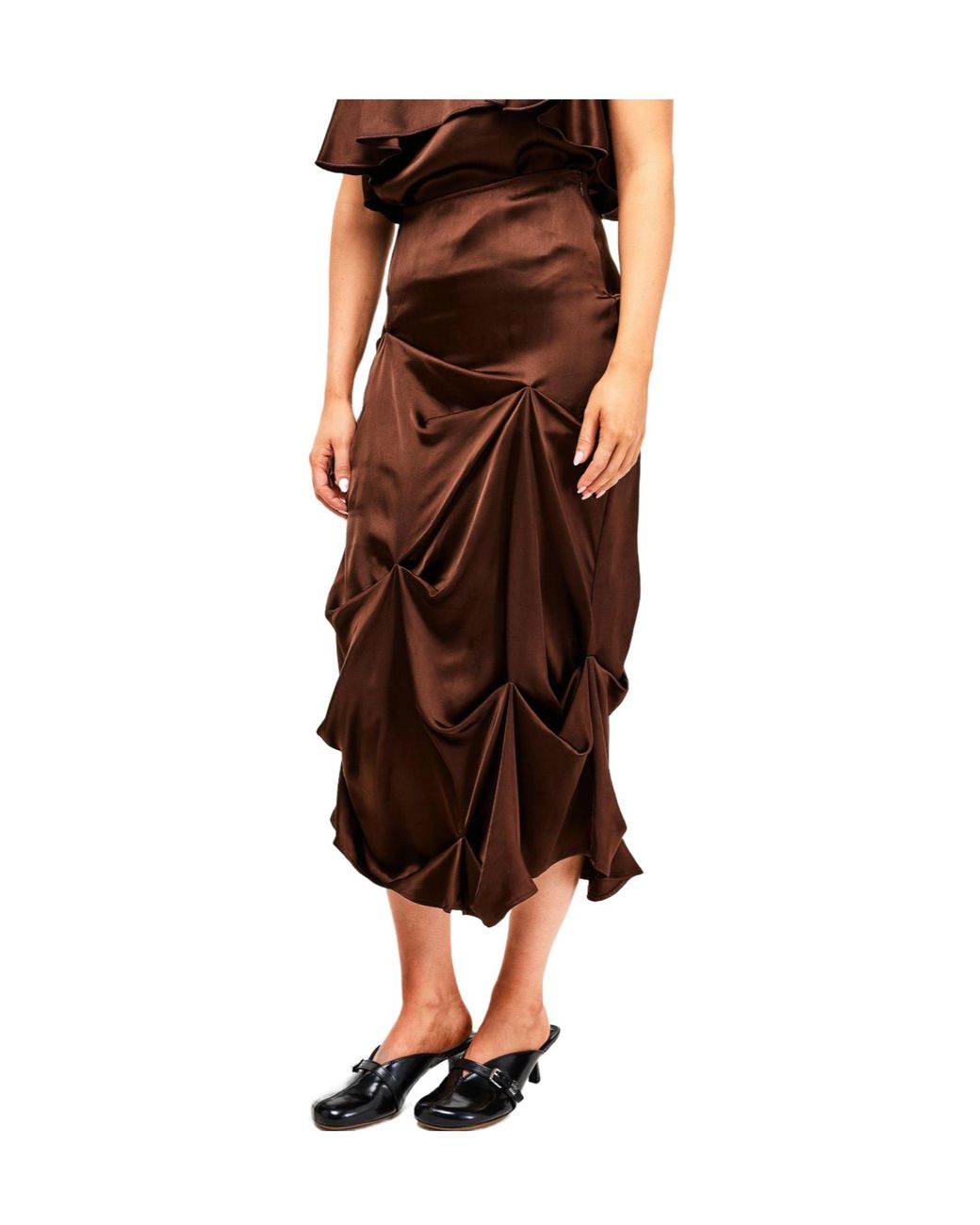Ganni Brown Satin Midi Skirt