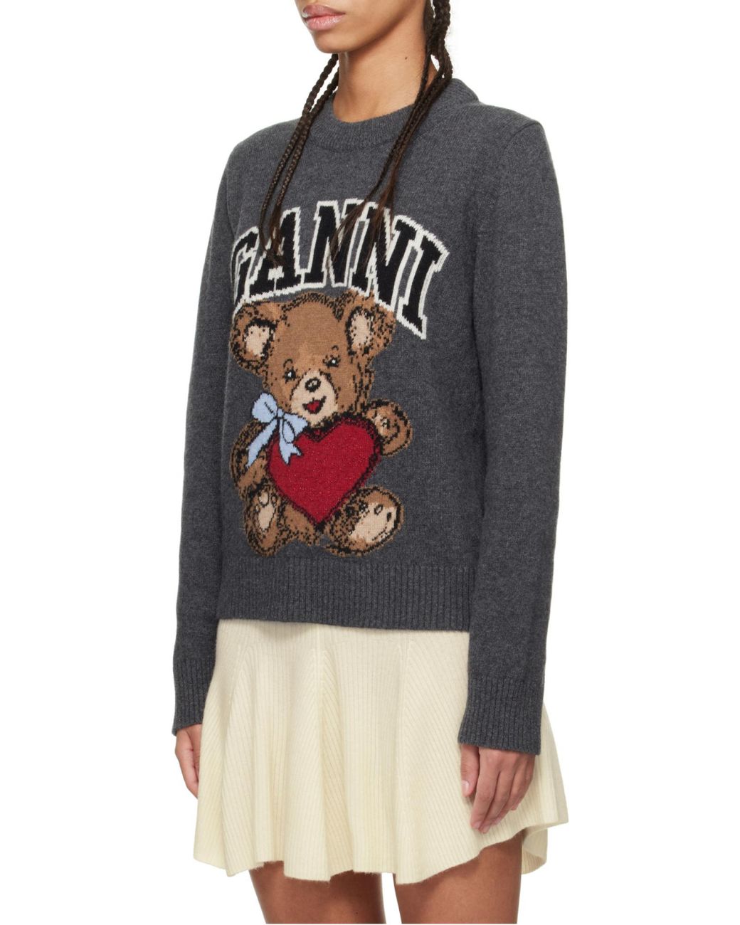 Ganni Gray Graphic Bear Crewneck Jumper
