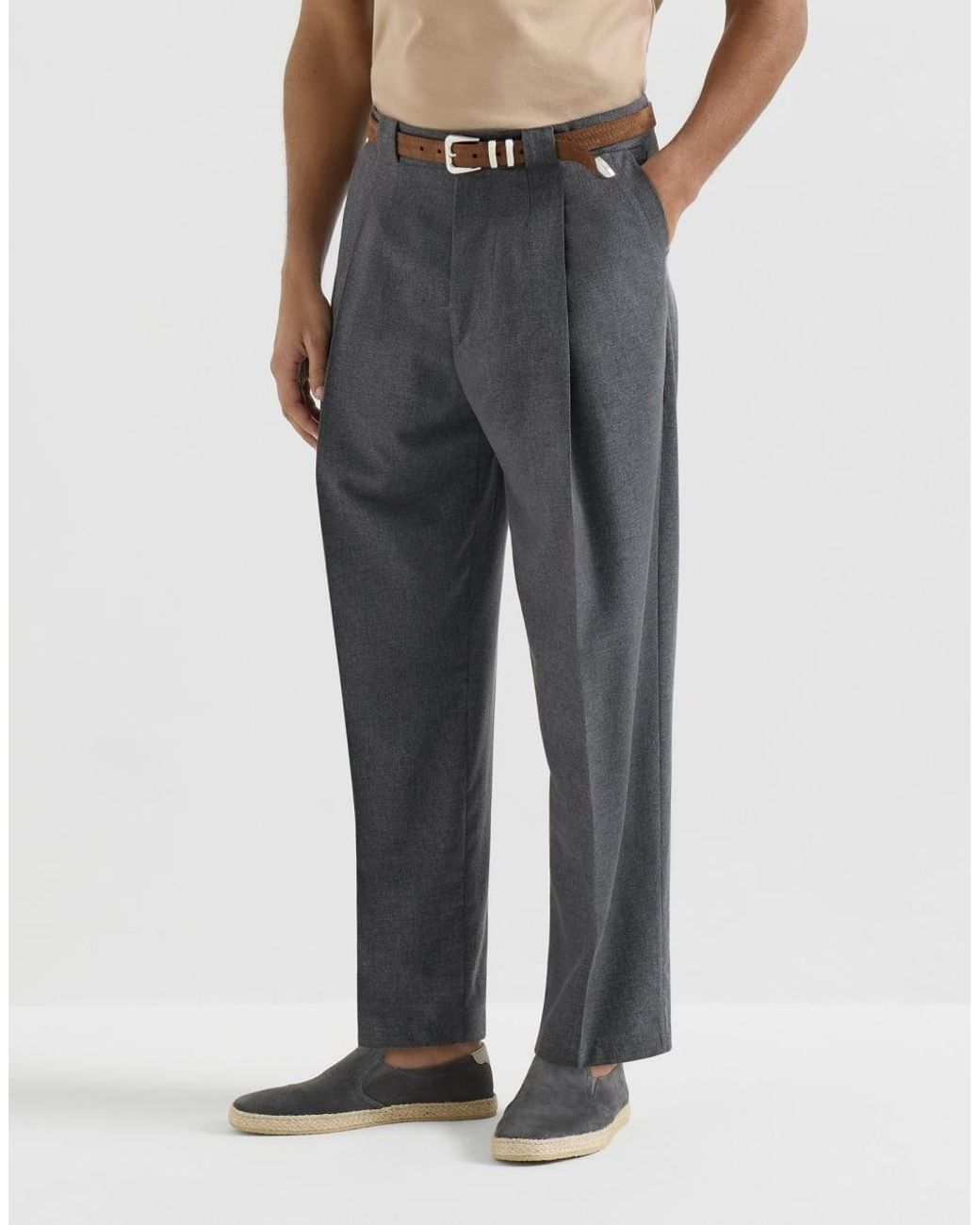 Brunello Cucinelli Gray Virgin Wool, Cotton And Silk Mouliné Trousers With Pleat for men