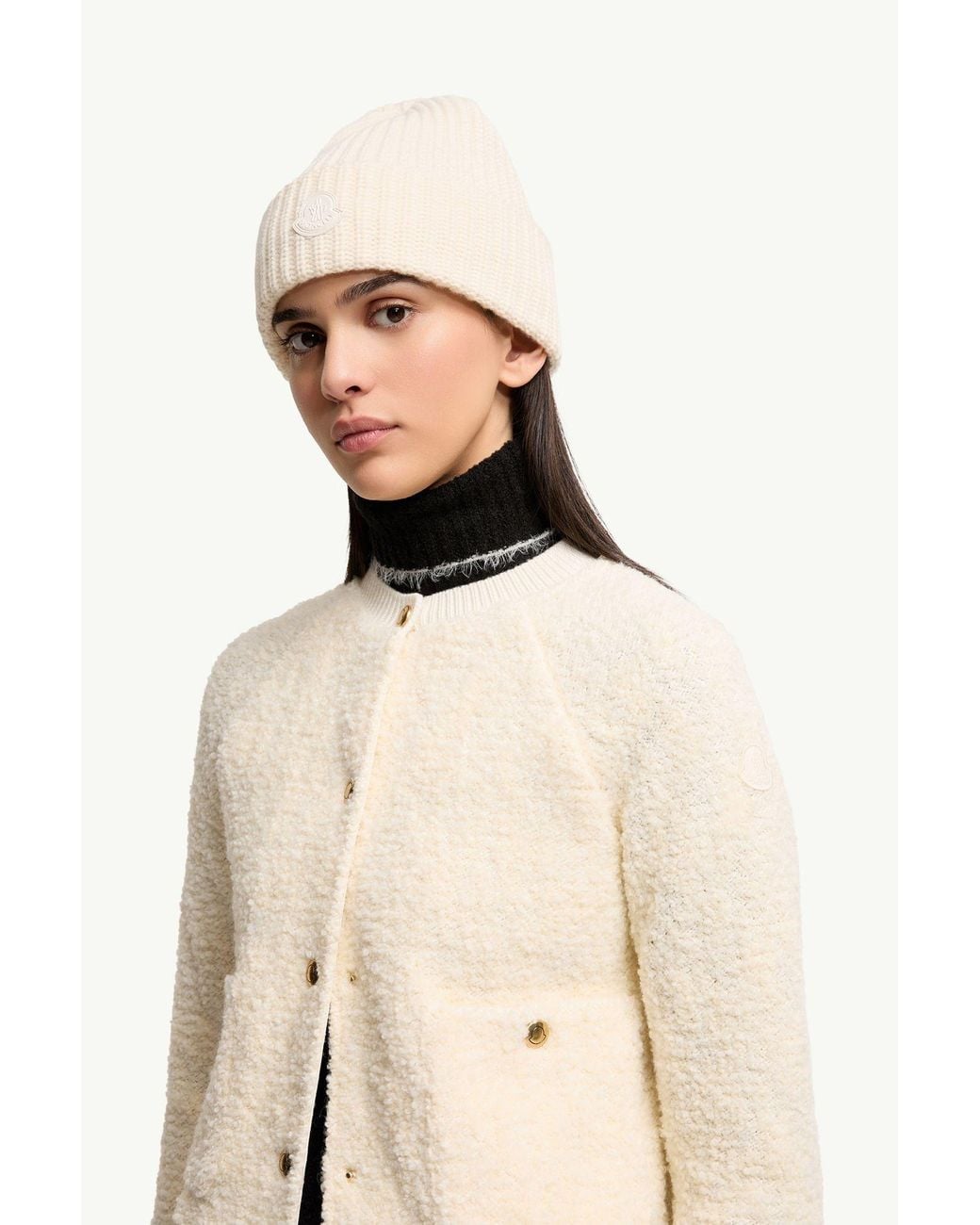 Moncler White Logo Patch Knitted Beanie