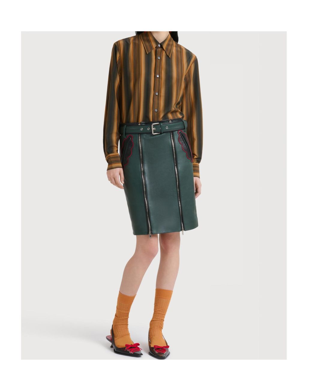 Marni Green Deep Leather Skirt With Leaf Pockets