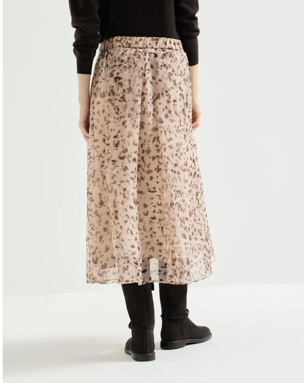 Brunello Cucinelli Natural Lynx Print Silk Organza Pleated Skirt