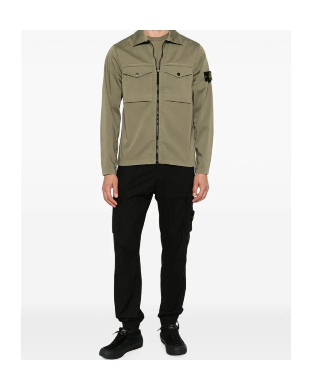 Stone Island Green Logo-Patch Zip-Up Cotton Shirt for men