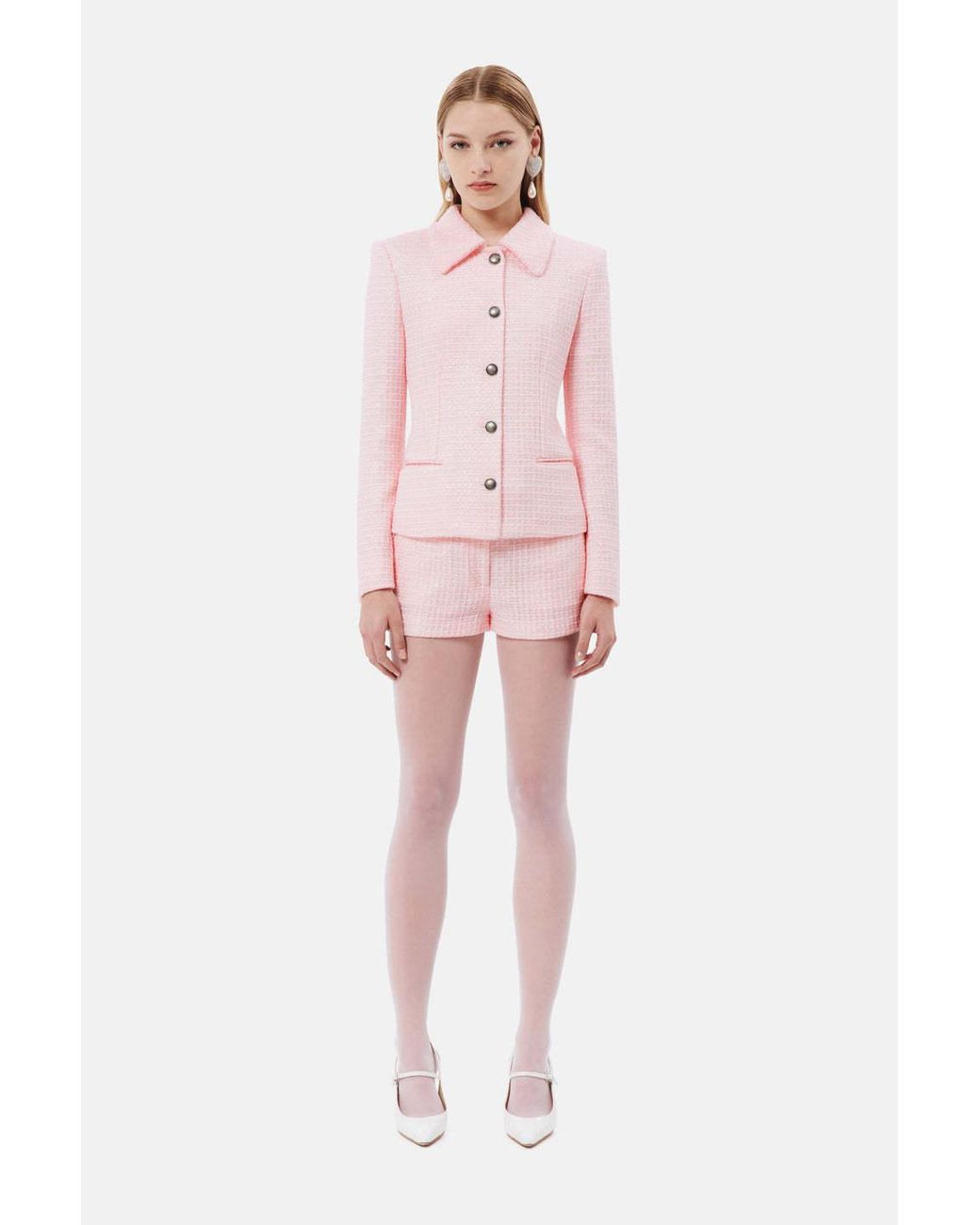 Alessandra Rich Pink Check Pattern Embellished Tweed Blazer