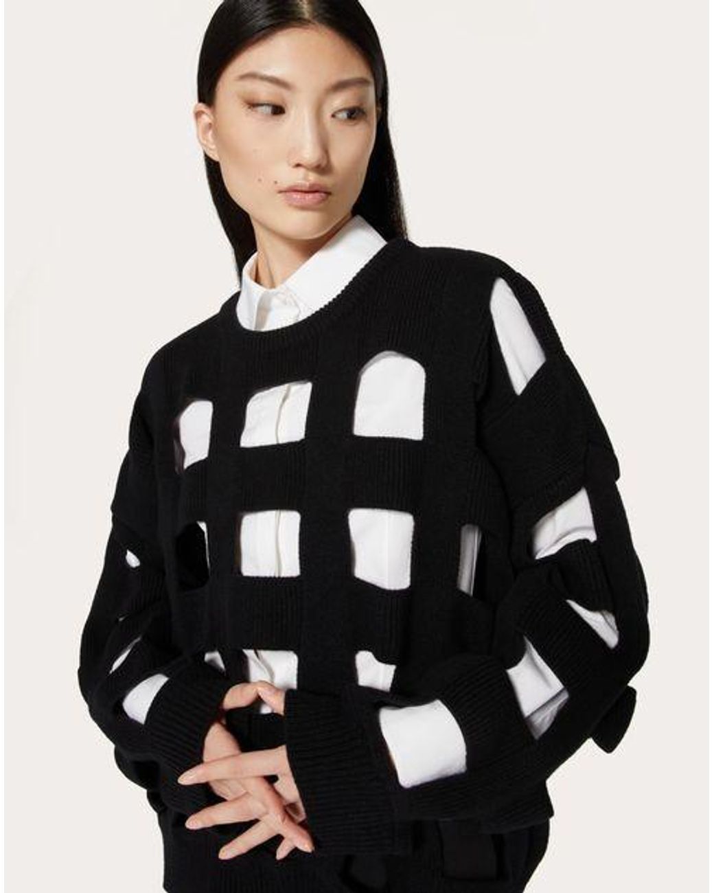 Valentino Black Open-Knit Virgin Wool Jumper