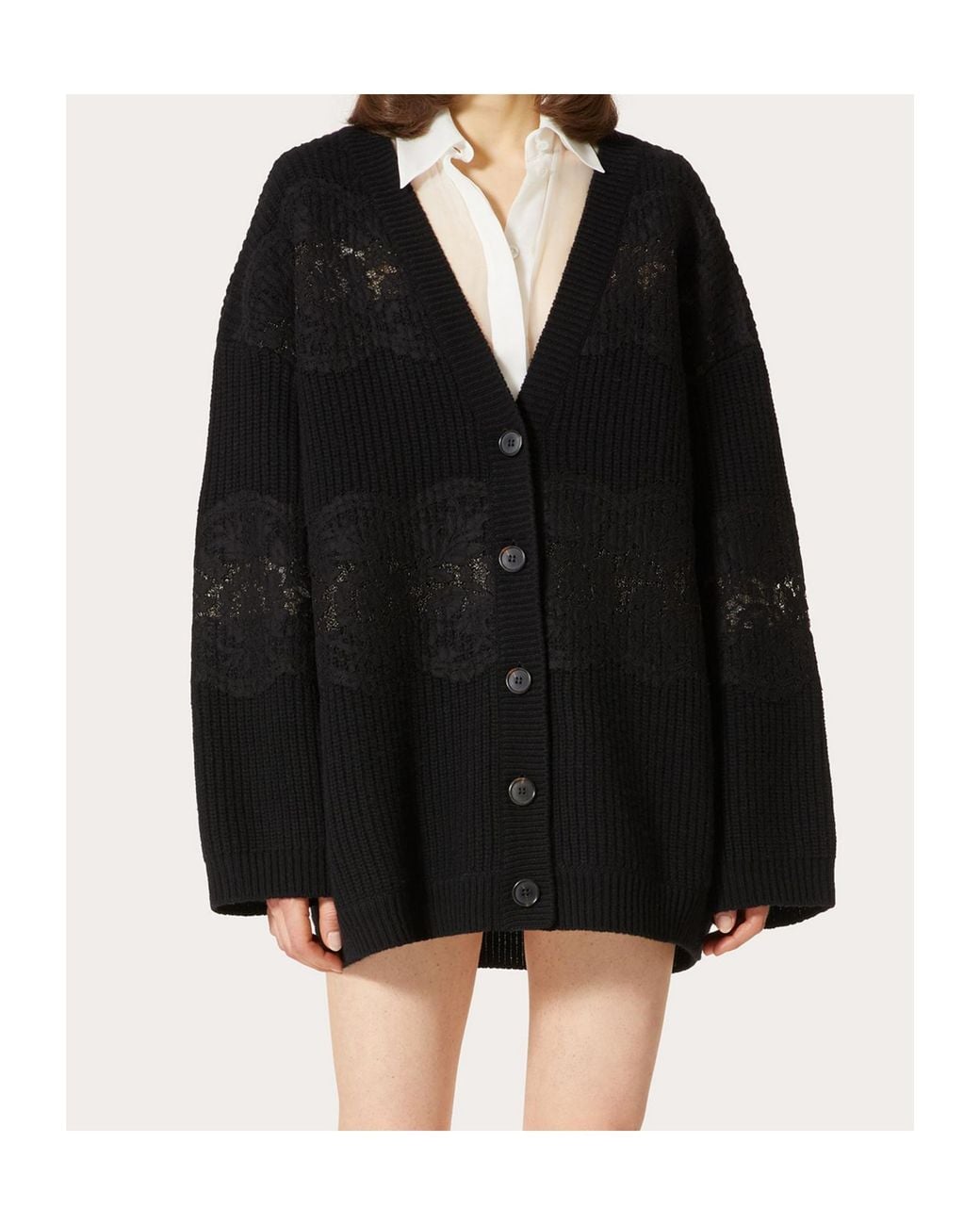 Valentino Black Lace-Insert Wool Cardigan