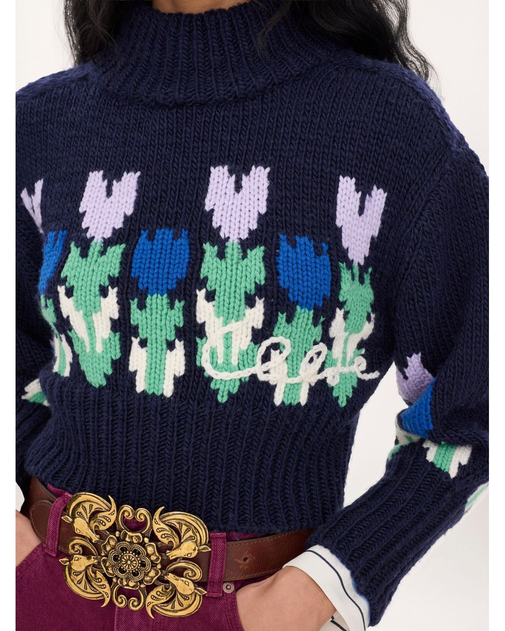Chloé Blue Chloé Floral Turtleneck Knitted Sweater