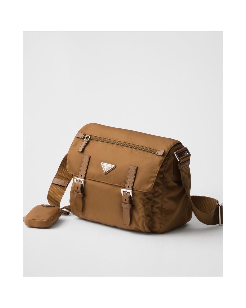 Prada Brown Logo Patch Zip-Up Shoulder Bag