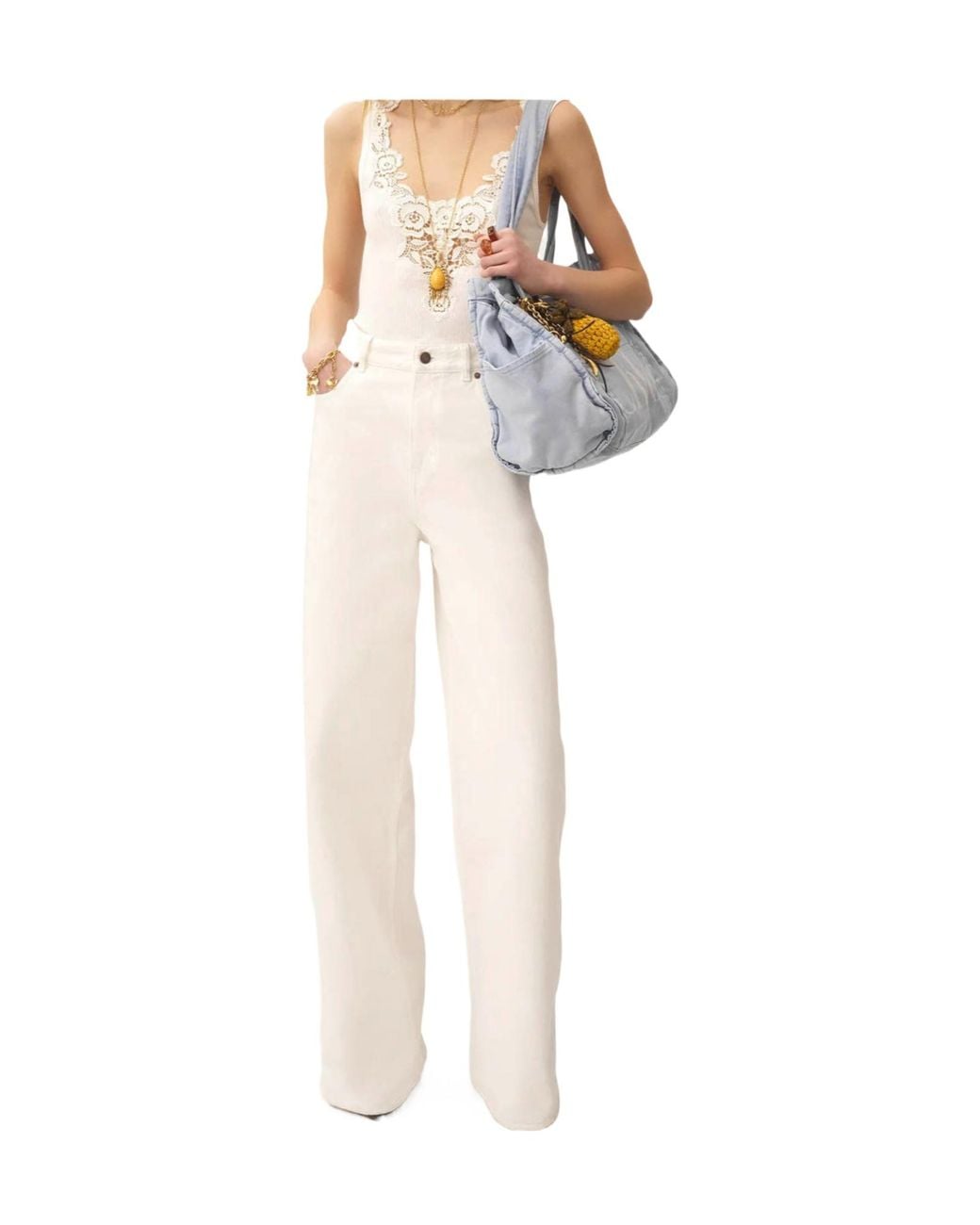 Chloé White Chloé Logo Patch Wide-Leg Jeans