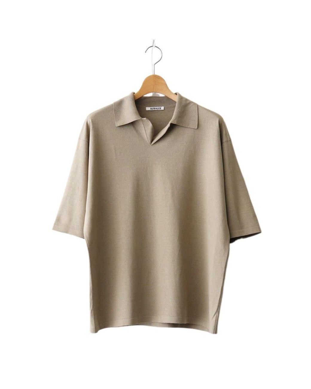 AURALEE High Gauge Tussah Satin Knit Skipper Polo Shirt in Natural