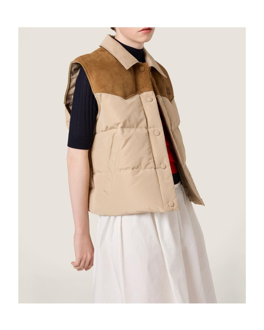 Miu Miu Natural Technical Pongé And Leather Down Vest