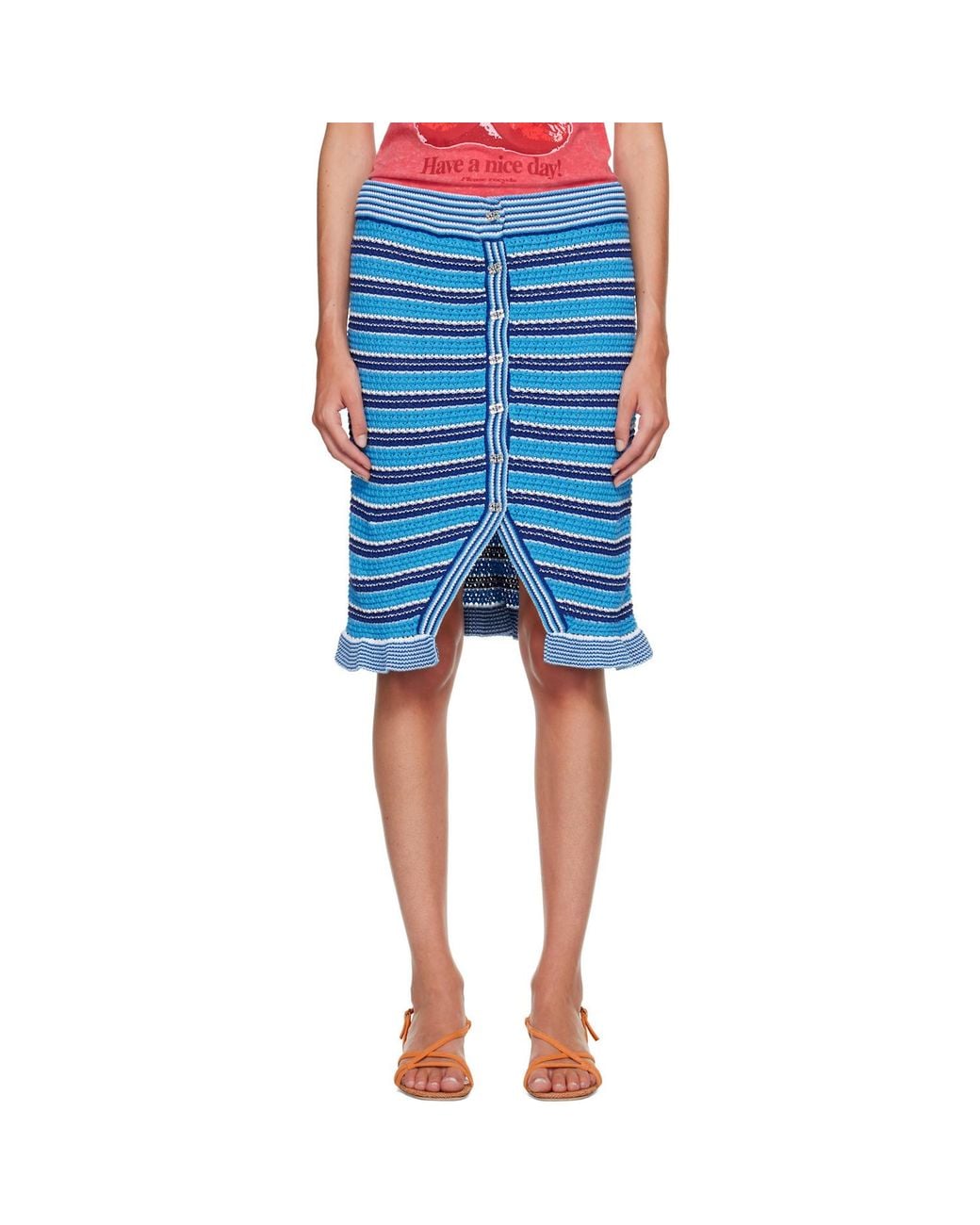 Ganni Blue Striped Ruffled Midi Skirt
