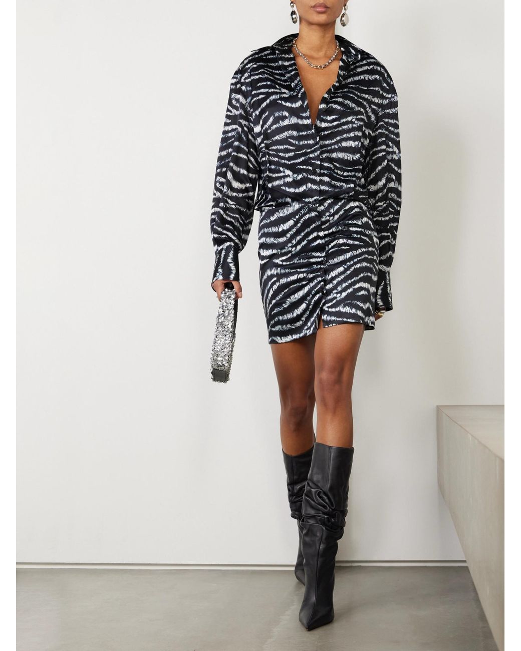 The Attico Blue Zebra-Print Satin Shirt Dress