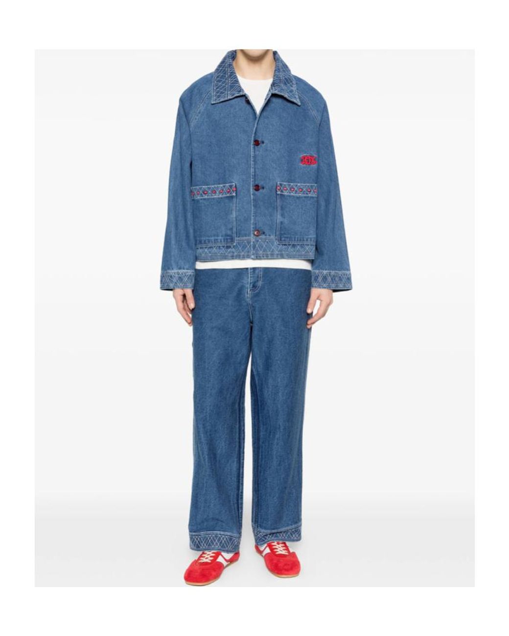 Bode Blue Embroidered-Trim Straight-Leg Jeans for men
