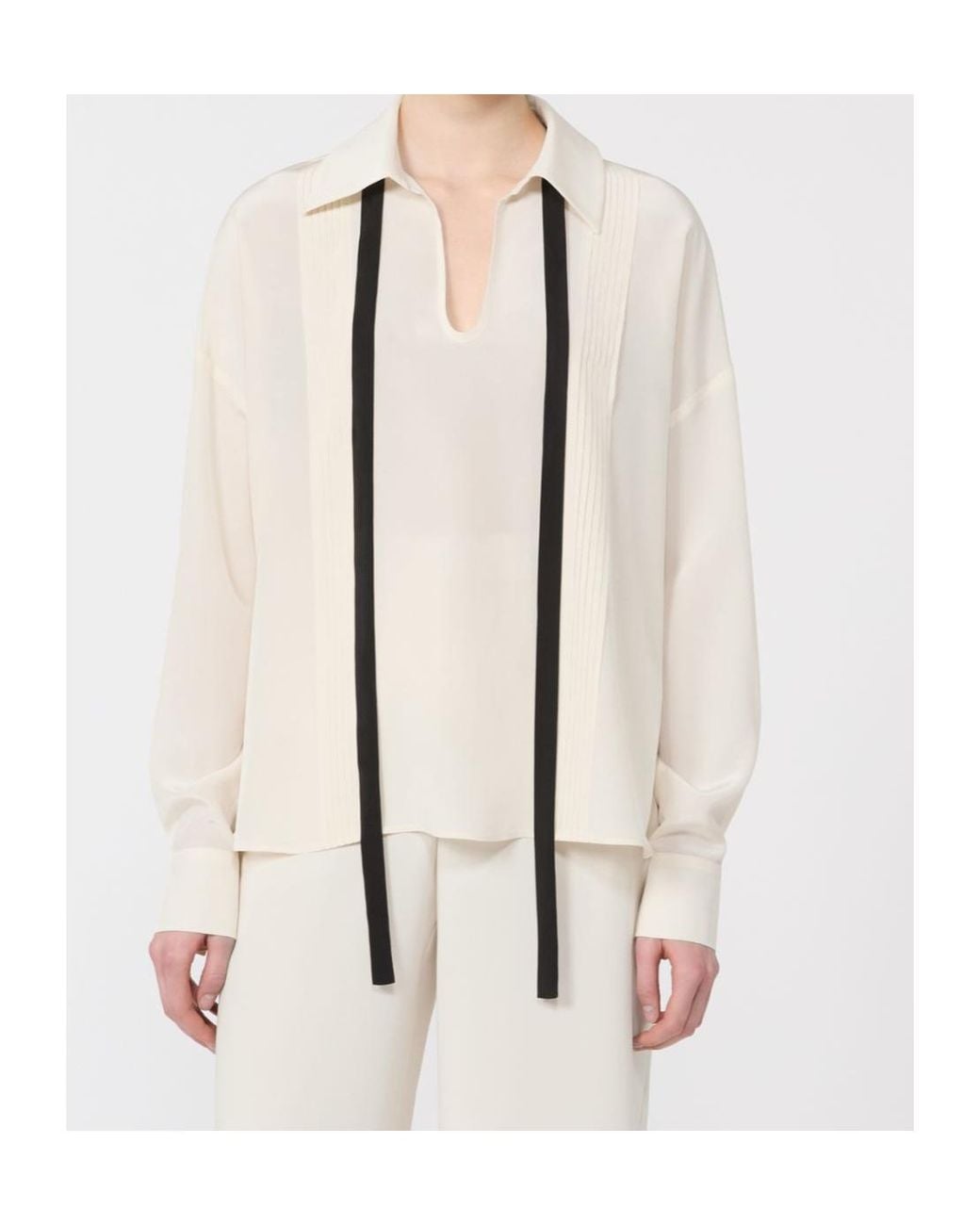 Max Mara White Studio Pintuck Tie-Neck Blouse