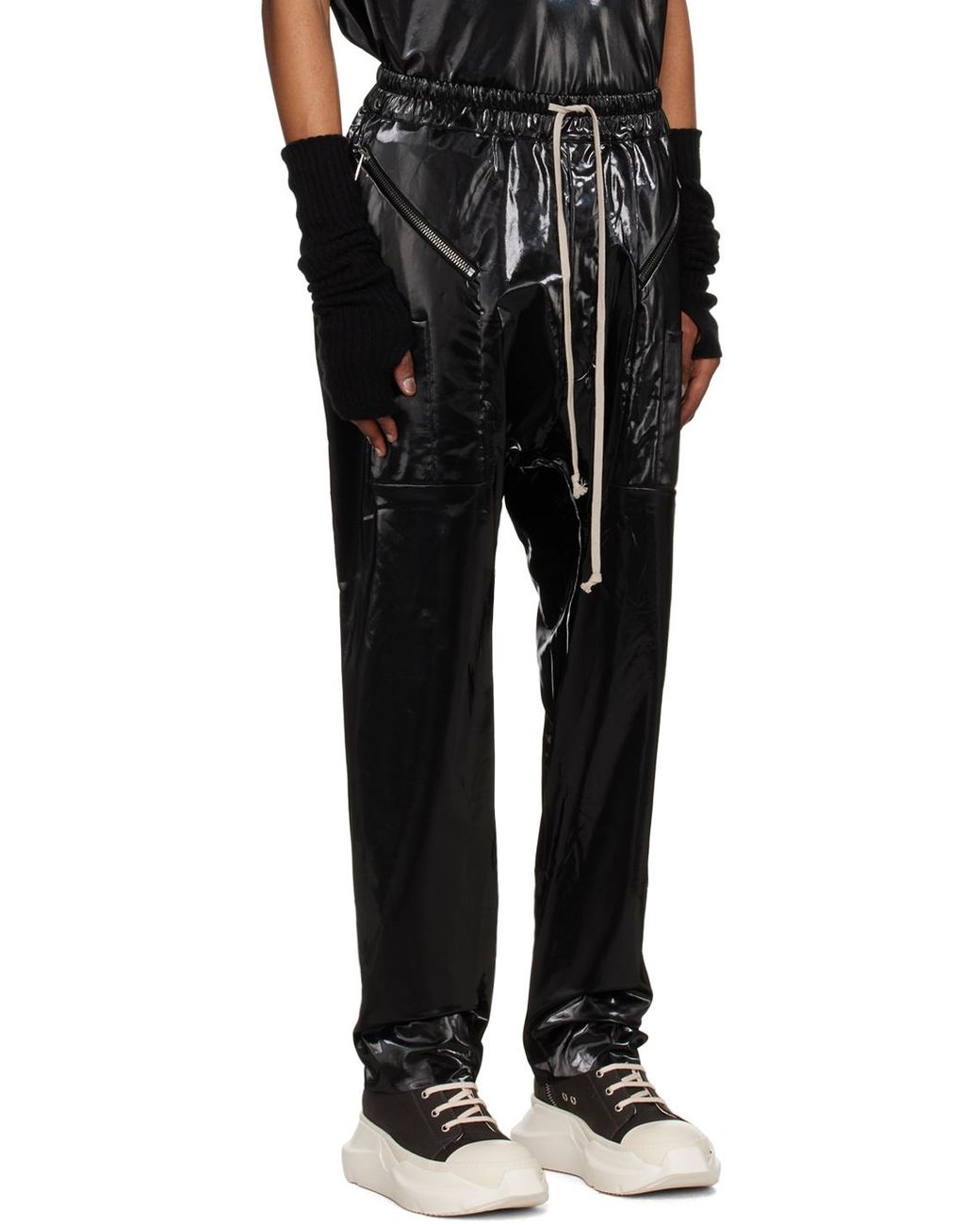 Rick Owens Black Glossy-Finish Drop-Crotch Trousers for men
