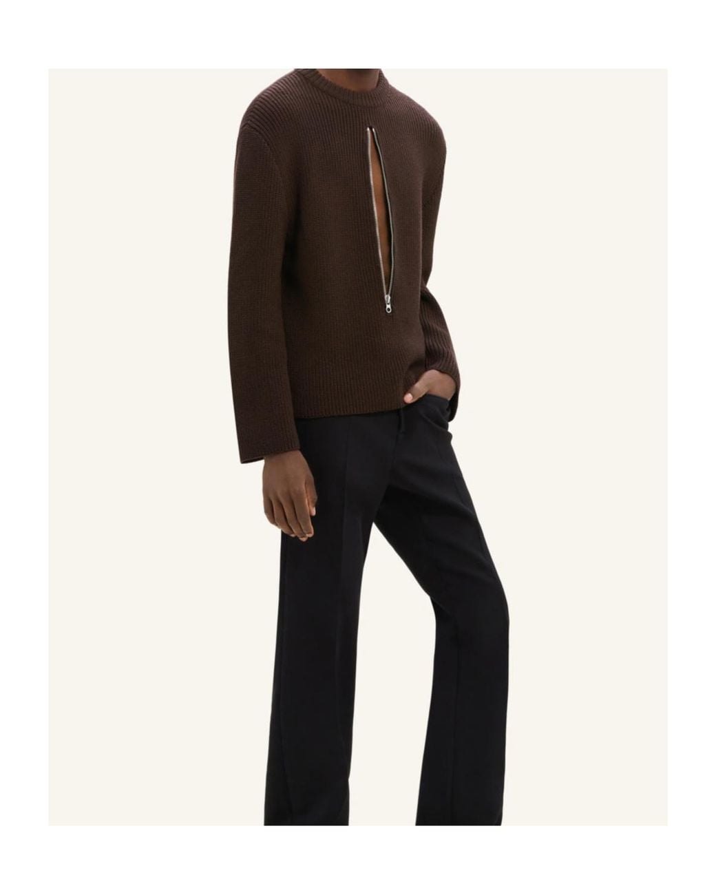 Courreges Brown Zipped Ribbed Wool Sweater for men