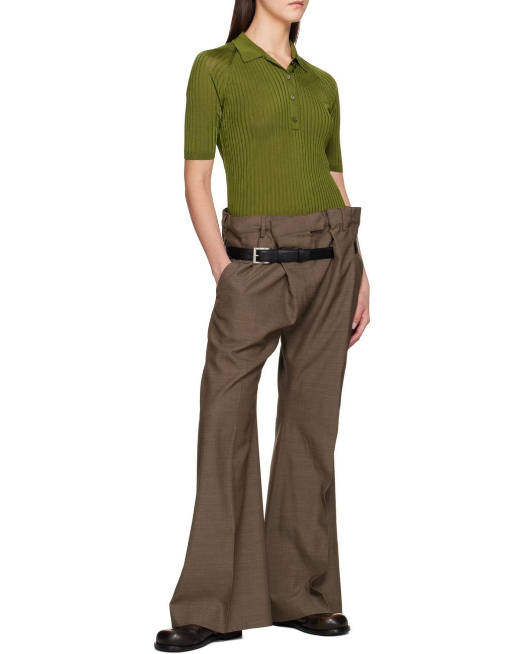 Acne Brown Belted Wool Wide-Leg Pants